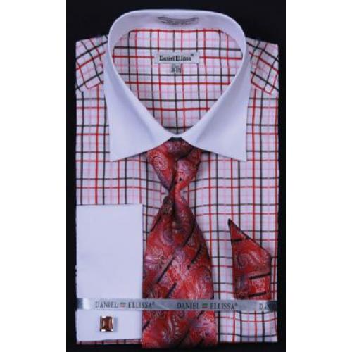 Daniel Ellissa Red Small Checker Shirt / Tie / Hanky Set With Free Cufflinks DS3765P2